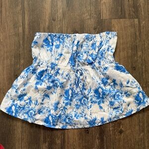 Olivaceous Boho White Strapless Crop Top Blue Floral Print Peplum Beach Flowy L